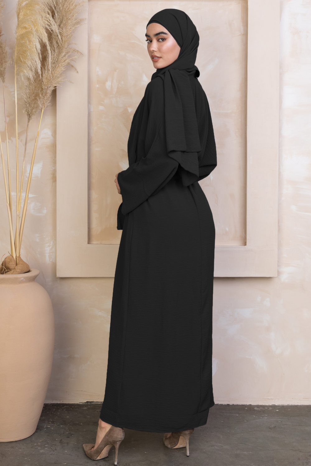 Black Four Piece Open Abaya Set featuring a modest dress and hijab for elegant style