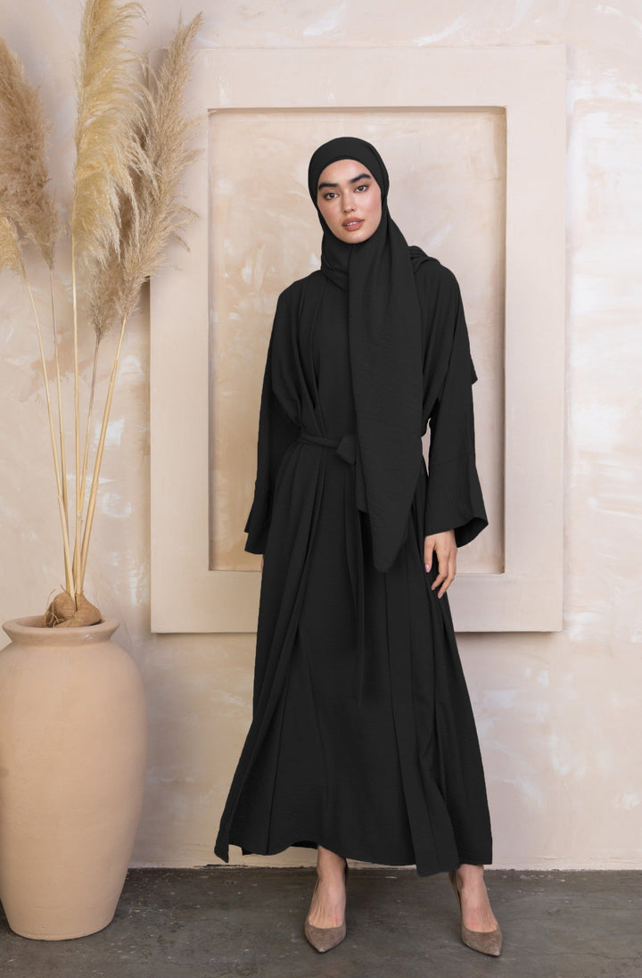 Black modest dress with hijab in a stylish Four Piece Open Abaya Set