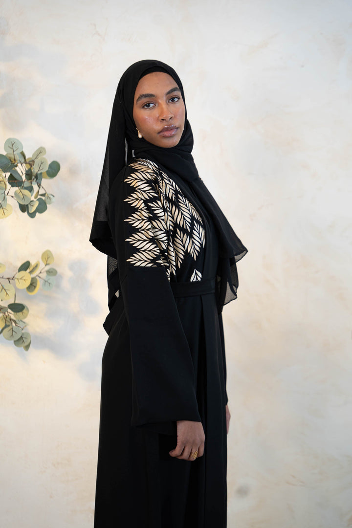 Black Gold Embroidered Open Front Abaya-CLEARANCE