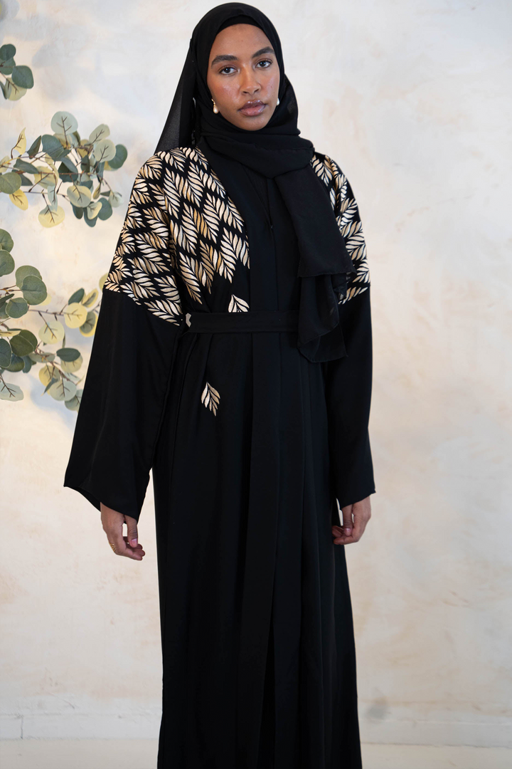 Black Gold Embroidered Open Front Abaya-CLEARANCE