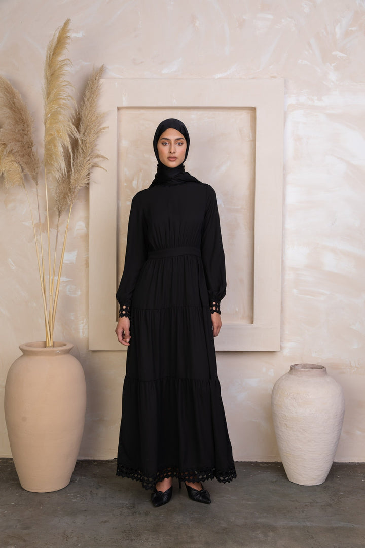 Black Lace Tiered Maxi Dress with half turtle neckline and hijab for modest fashion