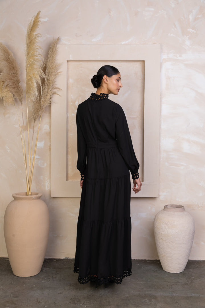 Elegant Black Lace Tiered Maxi Dress with Half Turtle Neck and Long Sleeves