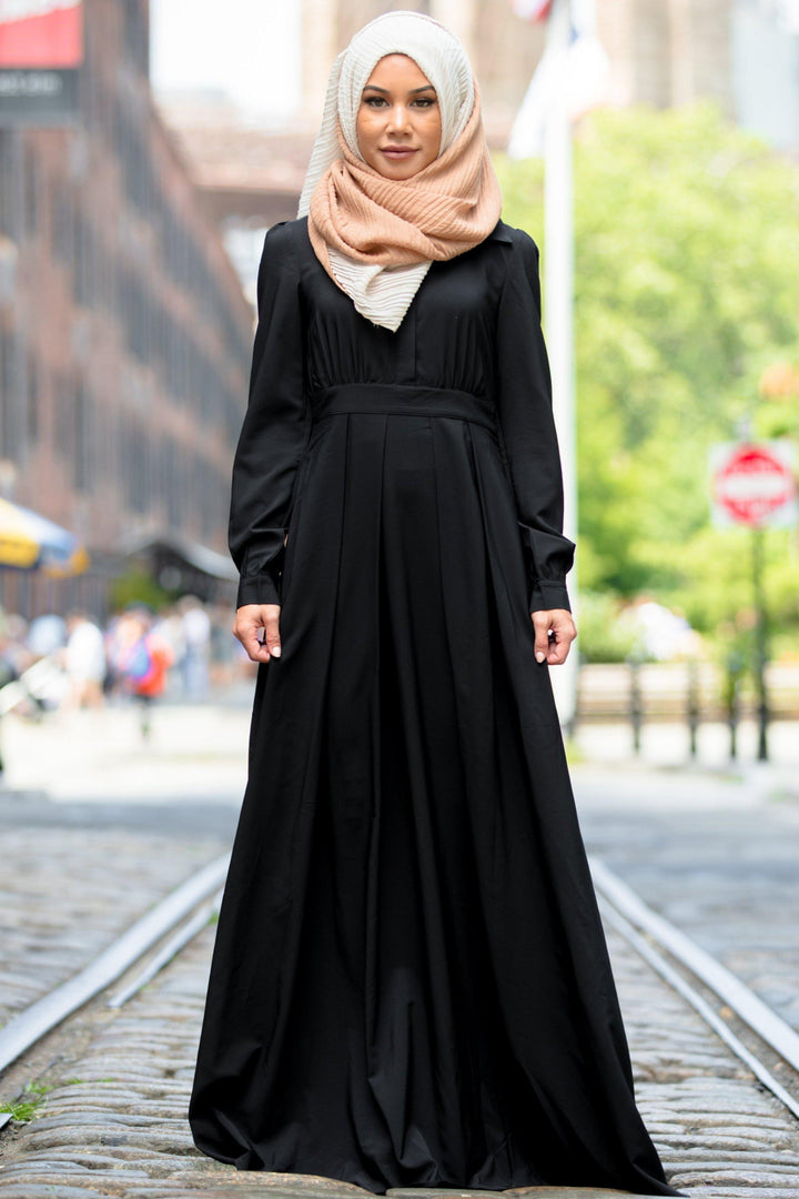 Elegant Black Lattice Abaya Maxi Dress with hijab, perfect for stylish modest wear