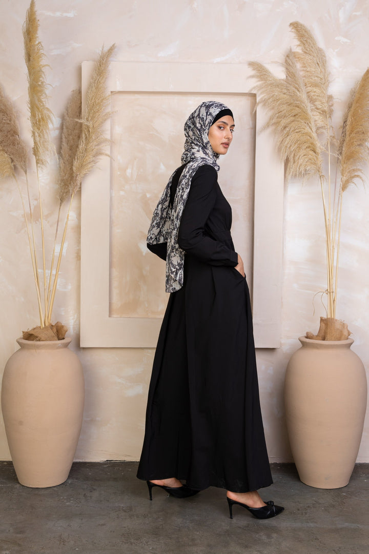 Black Lattice Abaya Maxi Dress with a patterned hijab for elegant modest fashion