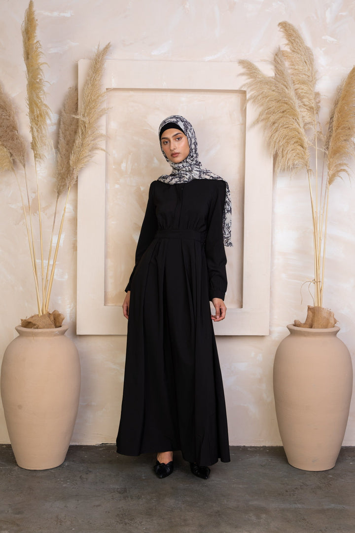 Black Lattice Abaya Maxi Dress with hijab, perfect for modest fashion enthusiasts