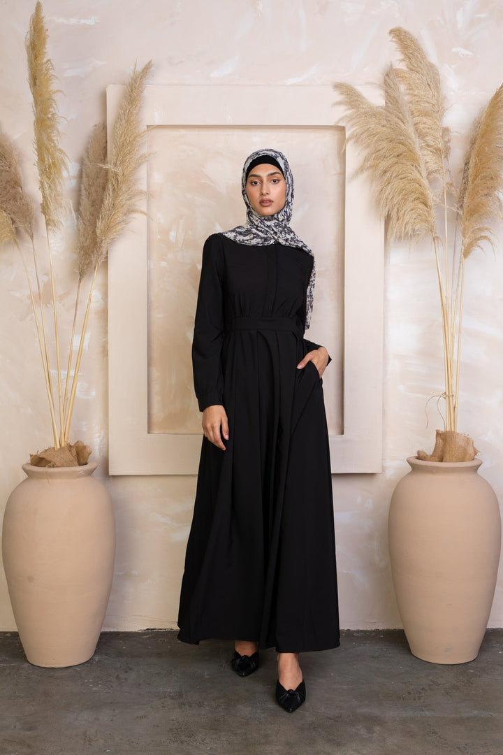 Black Lattice Abaya Maxi Dress featuring a long-sleeved design and matching hijab