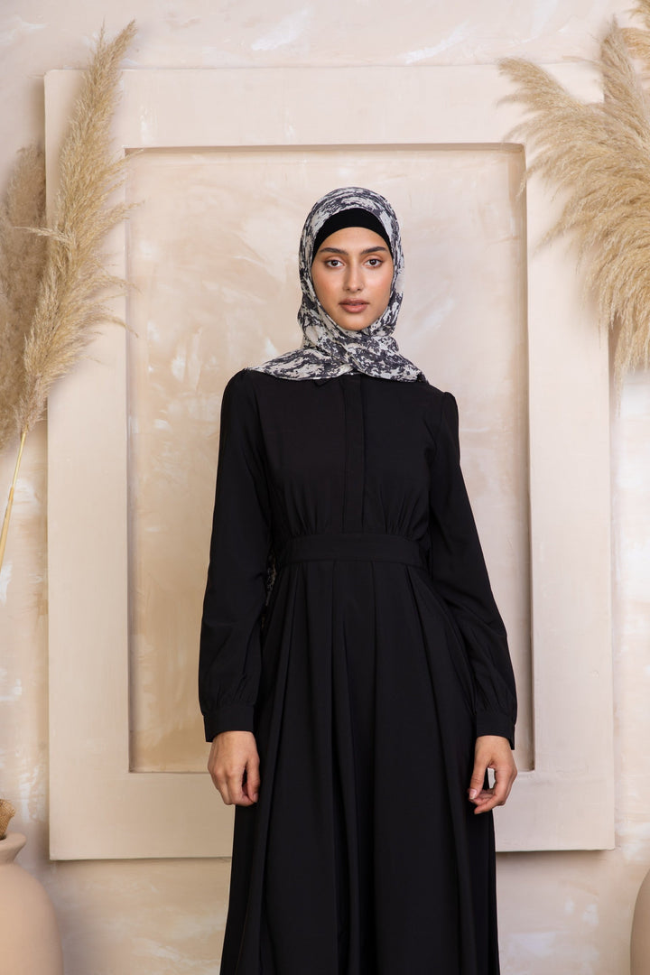 Black Lattice Abaya Maxi Dress featuring a black modest dress and patterned hijab