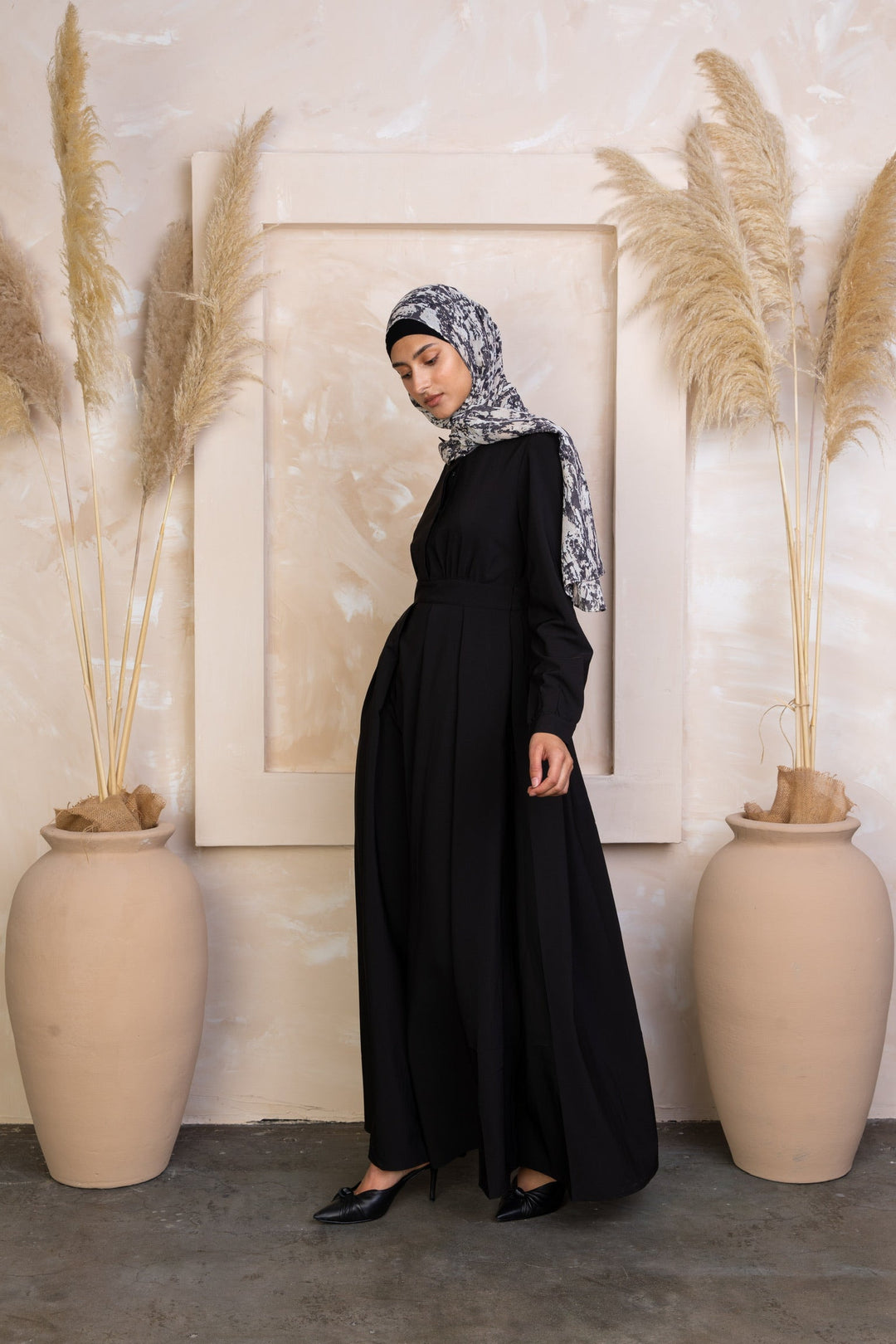 Elegant Black Lattice Abaya Maxi Dress with patterned hijab for modern style