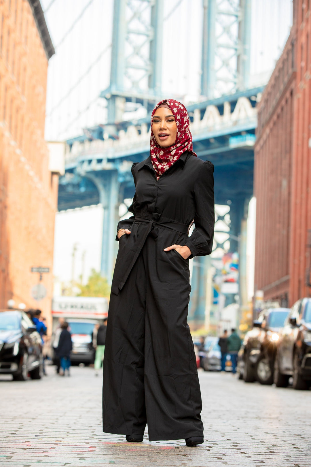 Stylish black jumpsuit with floral hijab perfect for make a fashionable statement