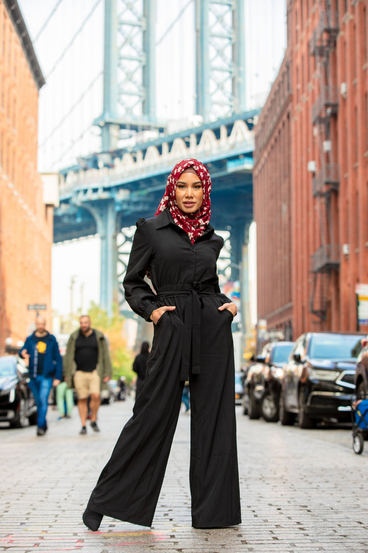 Stylish black jumpsuit with a patterned hijab for a chic look - Black Lattice Jumpsuit