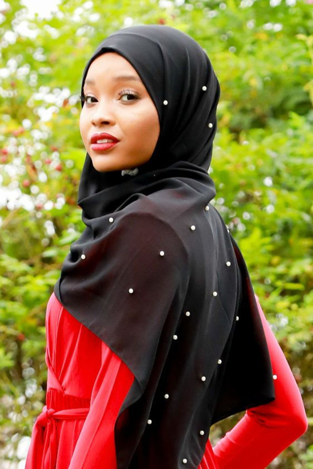 Black Pearl Chiffon Hijab featuring elegant pearl accents for a sophisticated look