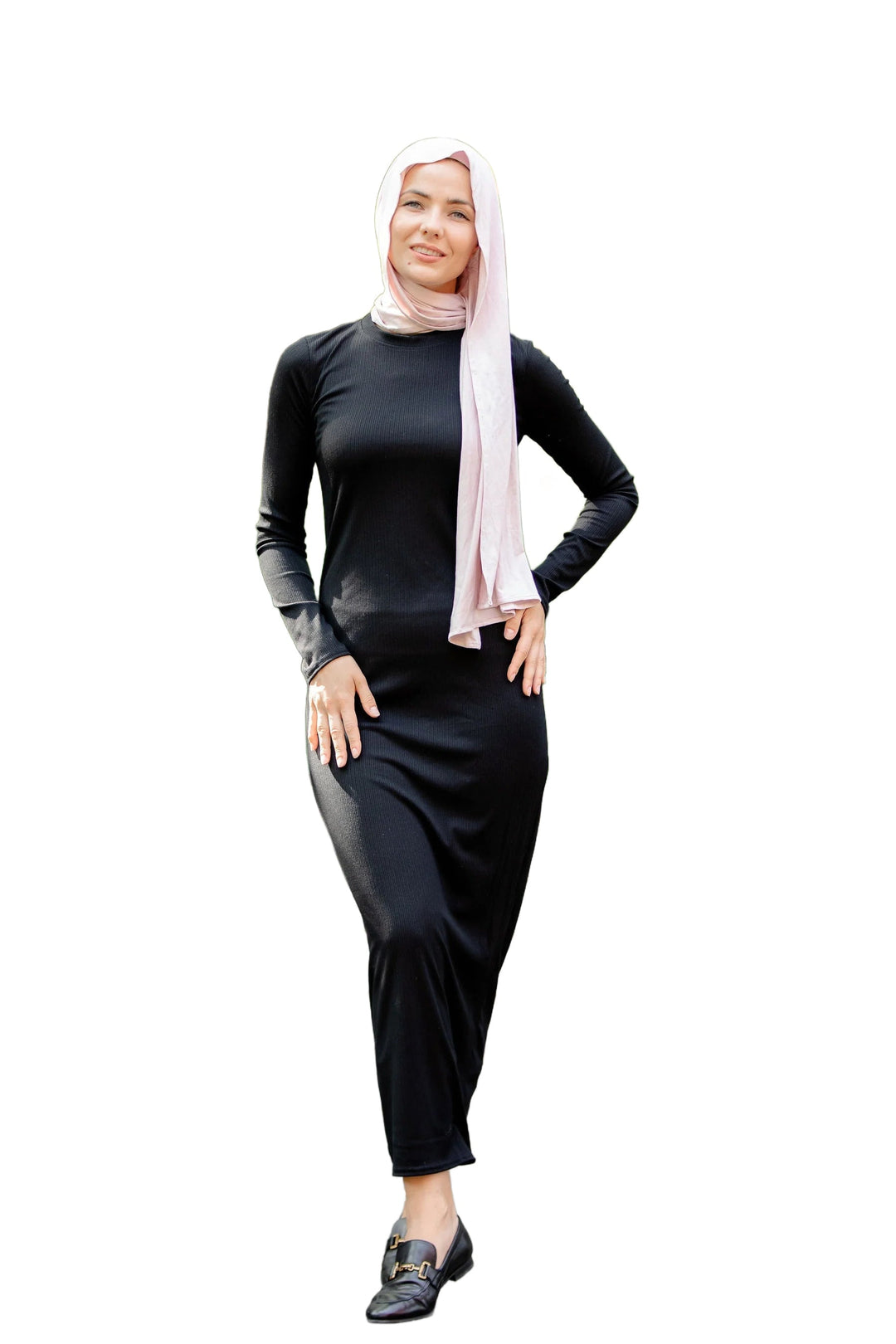 Woman in a black ribbed long sleeve maxi dress showcasing premium jersey fabric