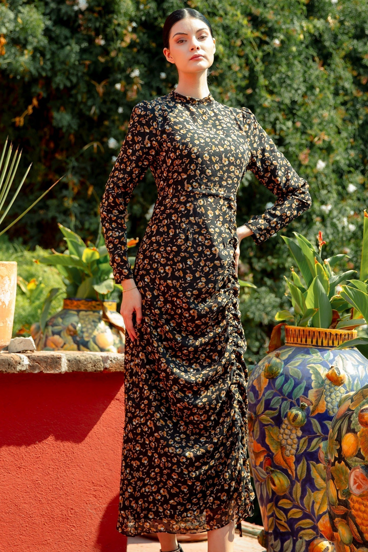 Black Ruched Floral Long Sleeve Maxi Dress with a vibrant floral print design