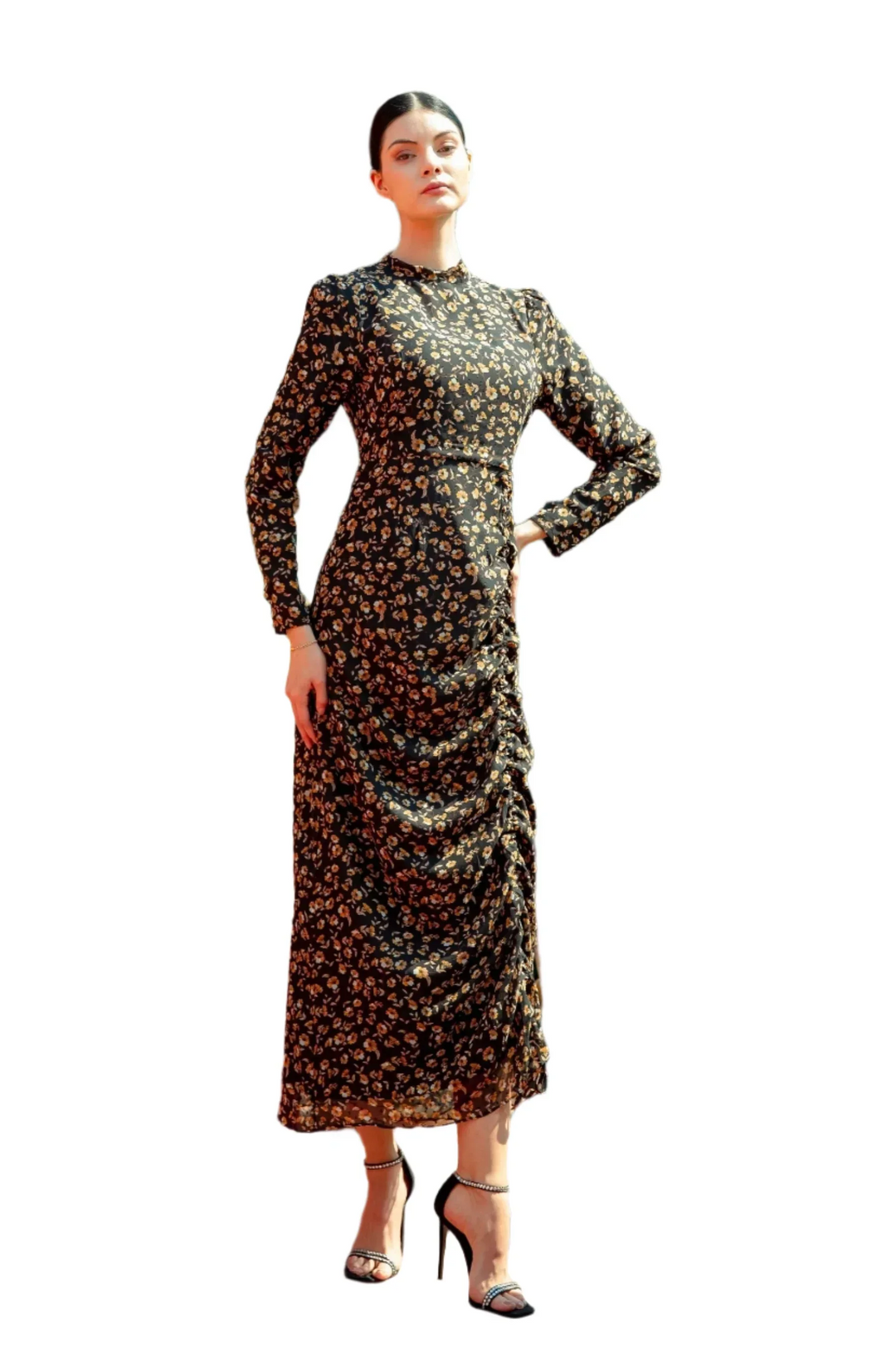 Black Ruched Floral Long Sleeve Maxi Dress with a vibrant floral print design