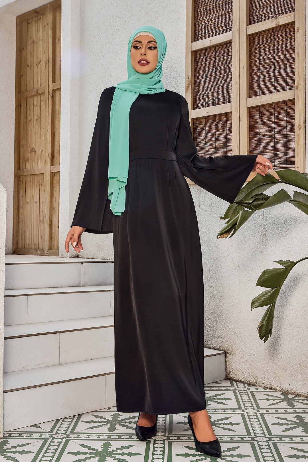 Black Satin Kimono Sleeves Maxi Dress with Mint Green Hijab and Maxi Skirt Style