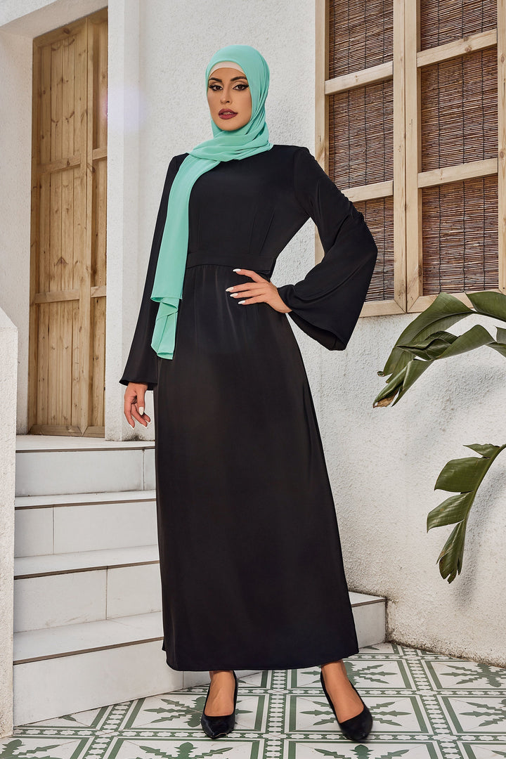 Black Satin Maxi Dress with Kimono Sleeves and Mint Green Hijab - Clearance Sale