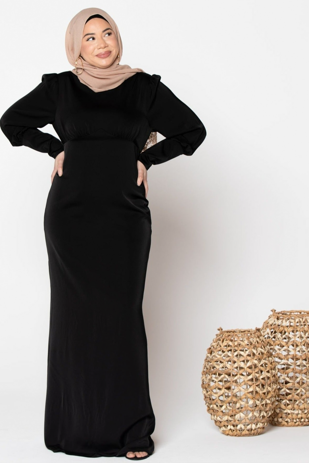 Black Satin Long Sleeve Maxi Dress paired with a stylish hijab for elegant looks