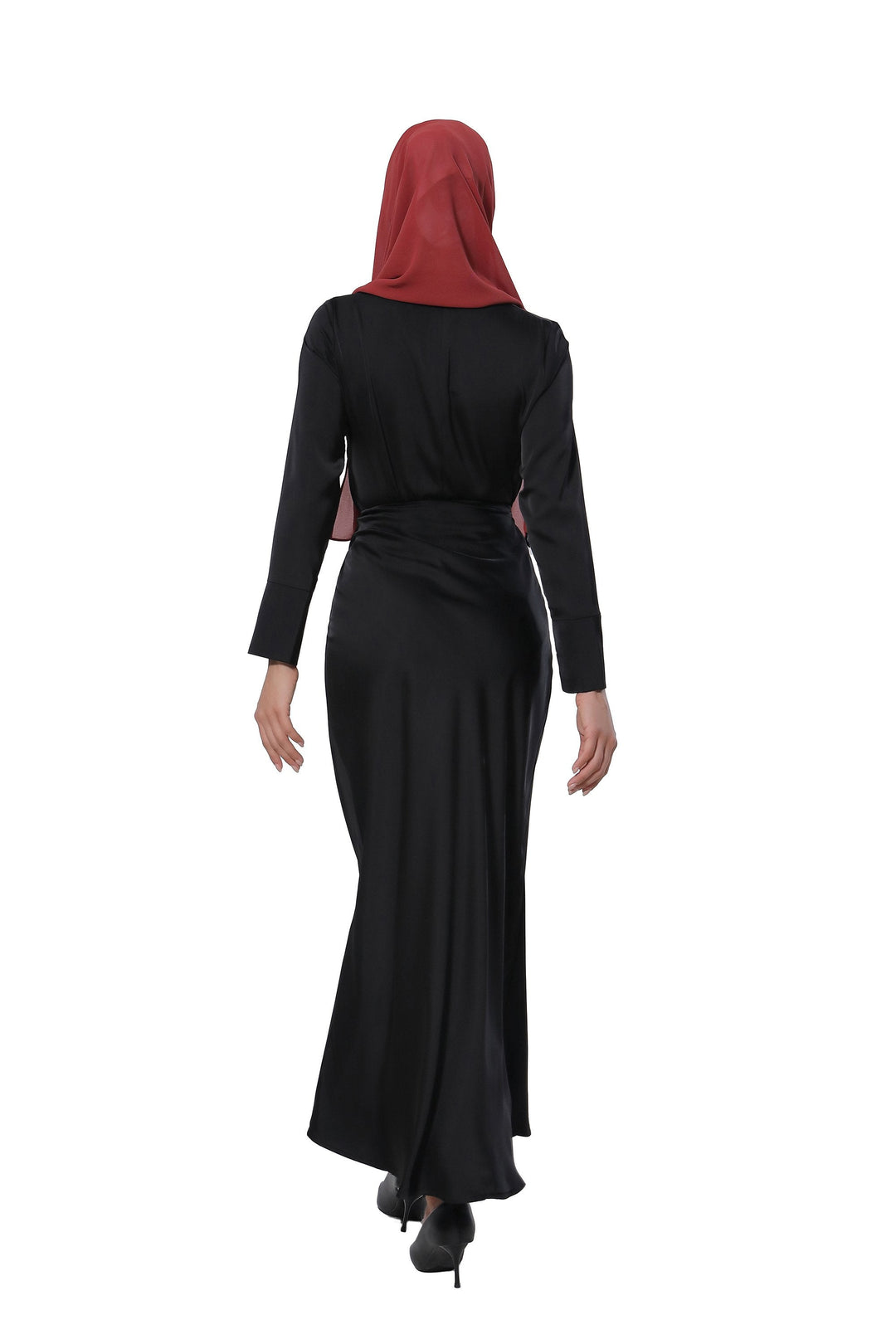 Woman in black dress and red hijab wearing a stylish satin long sleeve skirt set