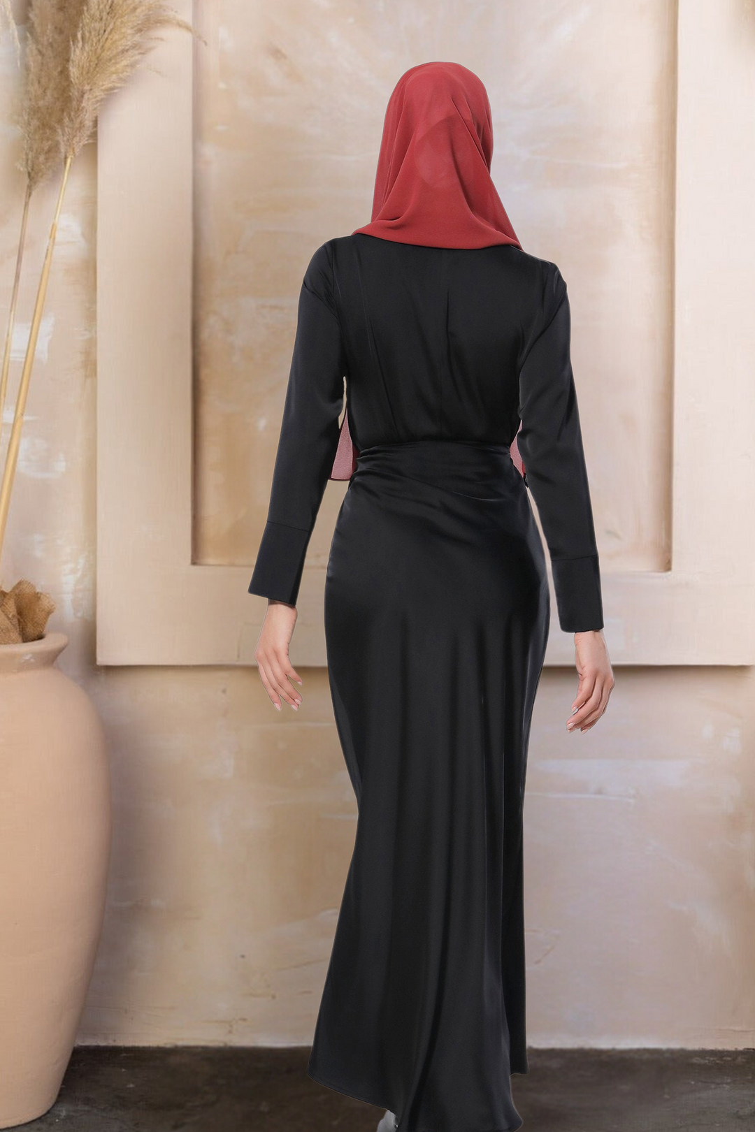 Black satin long sleeve skirt set featuring a long-sleeved dress and red hijab