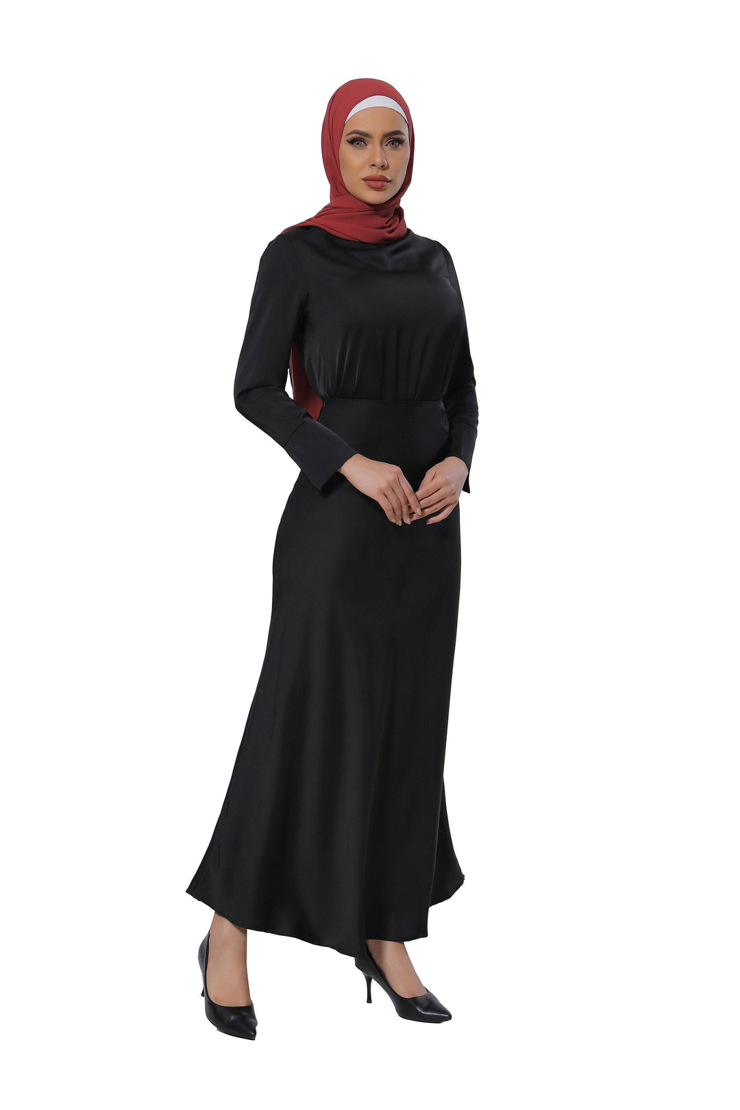 Woman in black dress and red hijab showcasing a Satin Long Sleeve Skirt Set