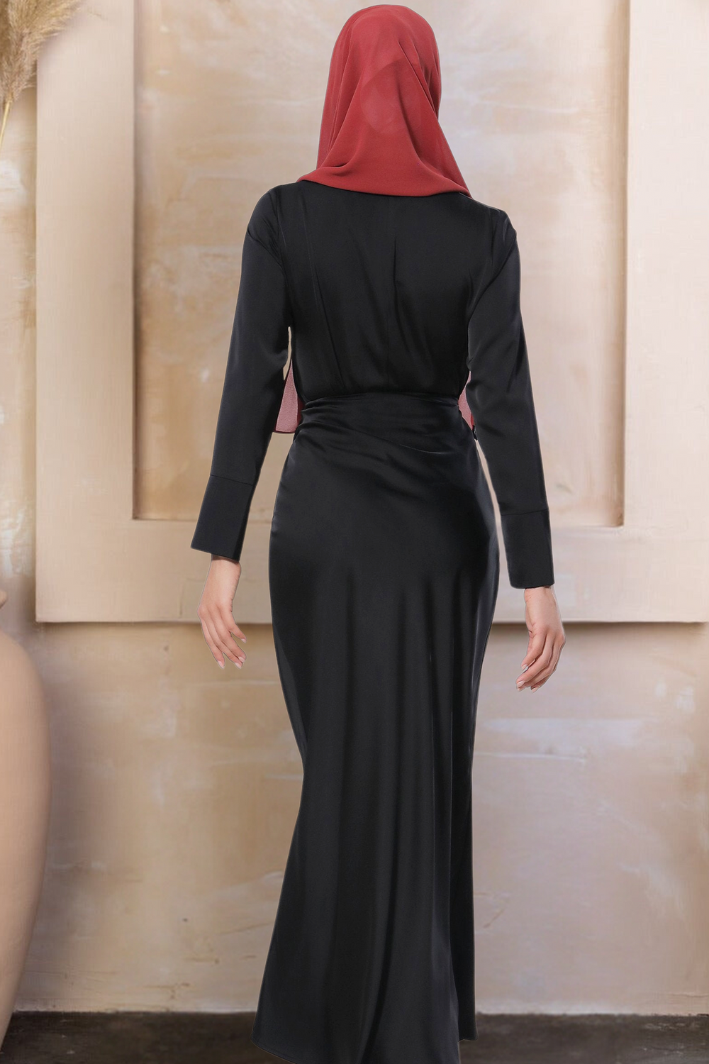 Black Satin Long Sleeve Skirt Set with long-sleeved dress and red hijab