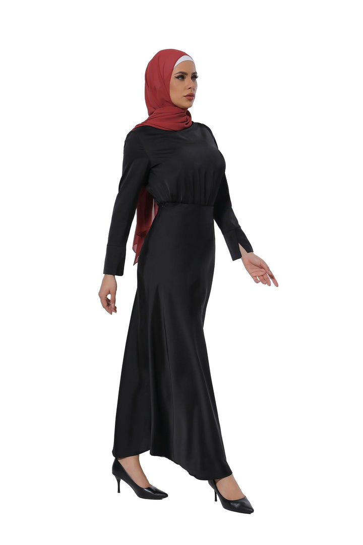 Black Satin Long Sleeve Skirt Set featuring modest dress and red hijab styling