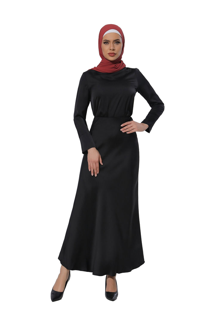 Elegant Black Satin Long Sleeve Skirt Set with Red Hijab for Modest Fashion