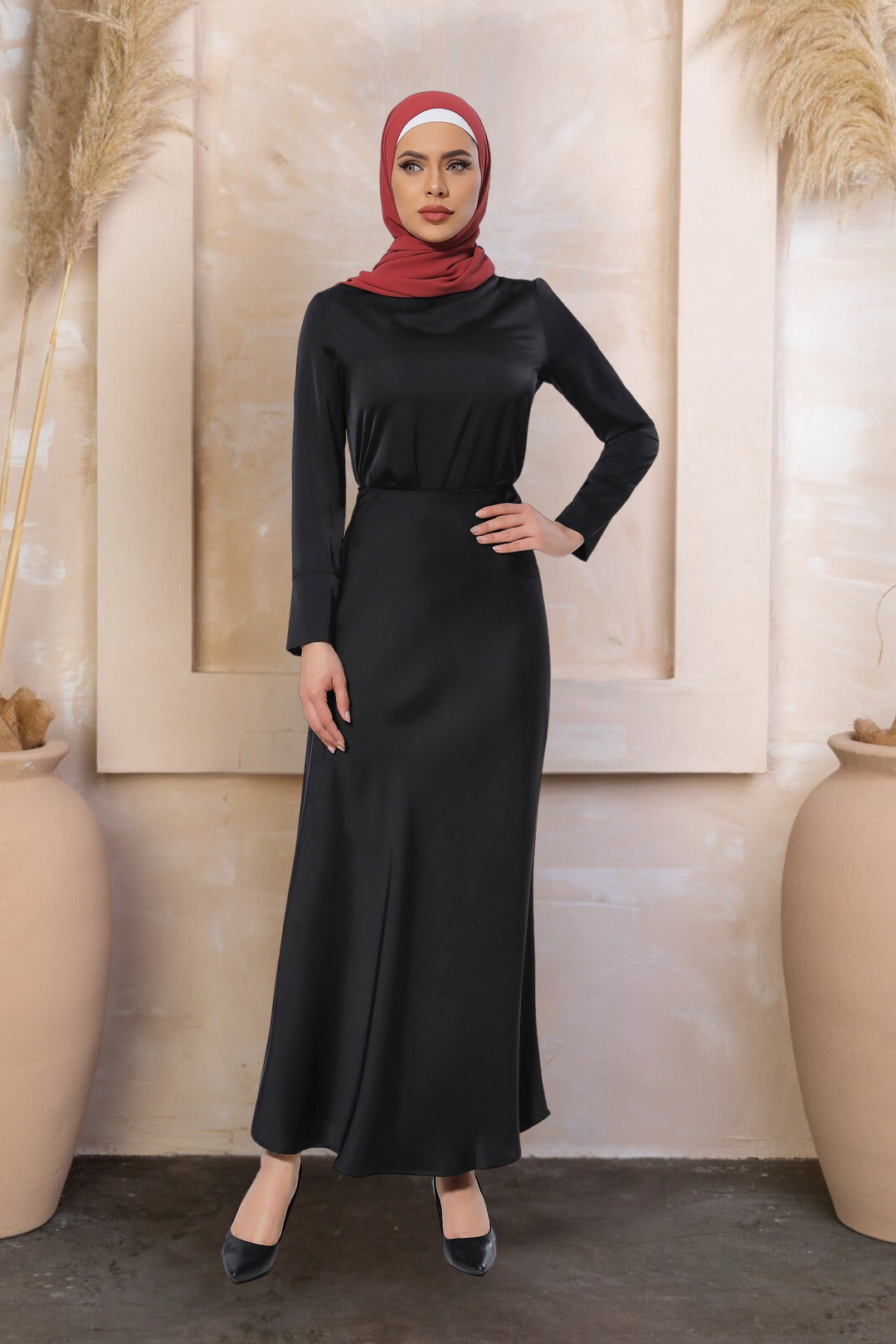 Elegant black modest dress from the Black Satin Long Sleeve Skirt Set collection