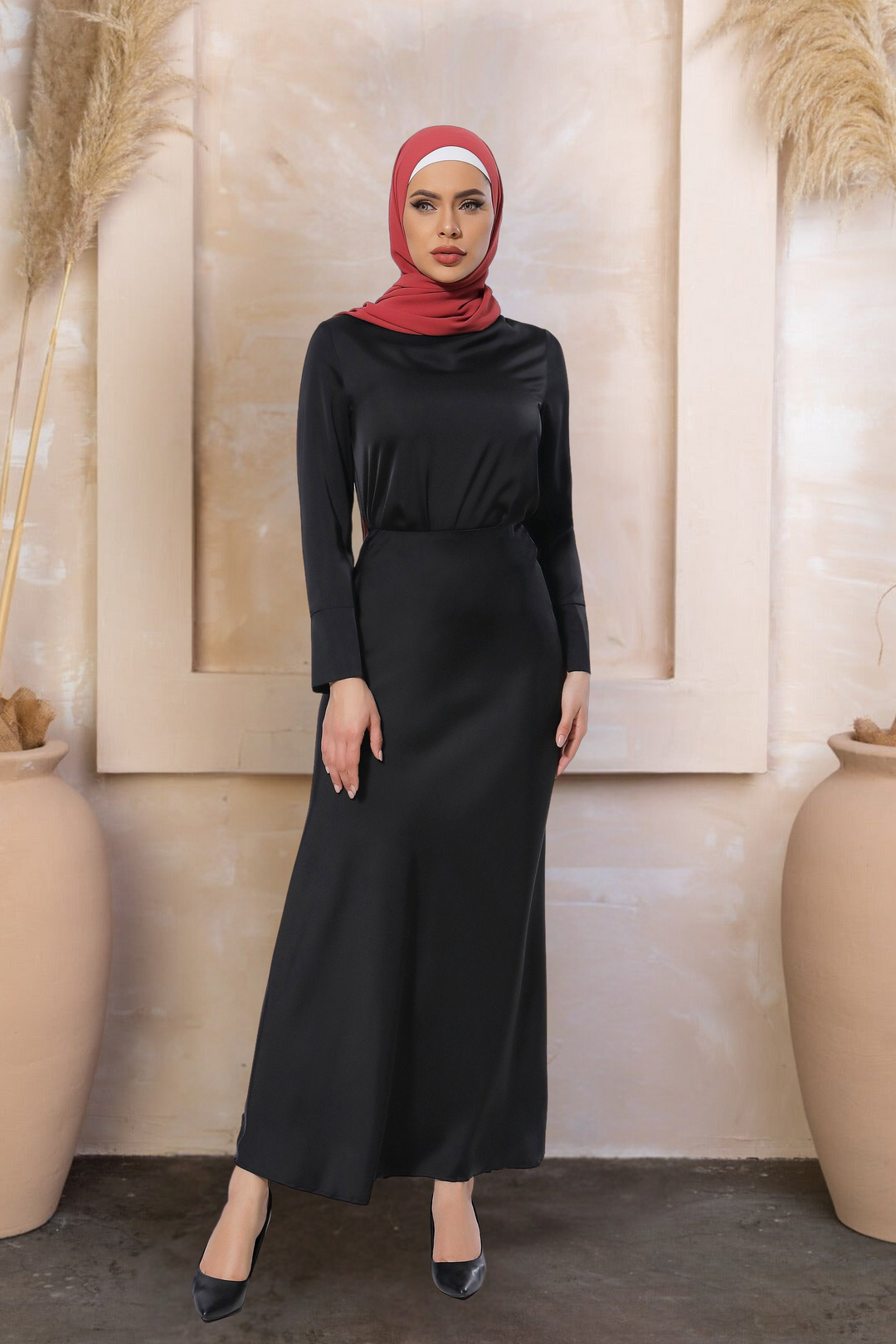 Woman in a black dress and red hijab wearing a Satin Long Sleeve Skirt Set