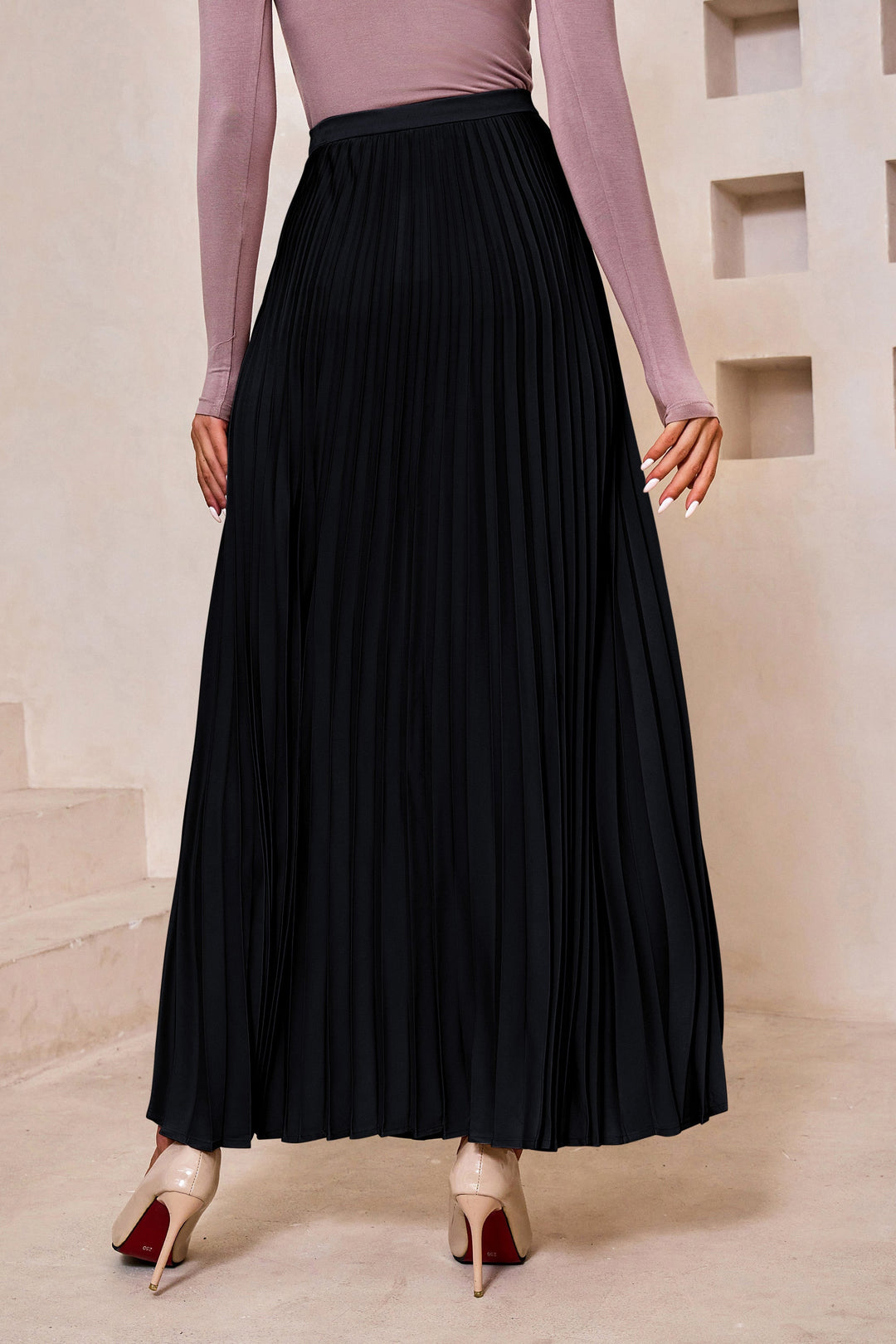 Black Satin Pleated Maxi Skirt-Preorder