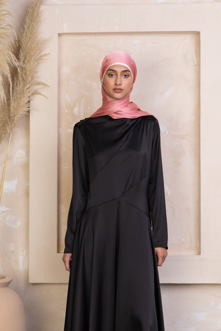 Elegant Black Satin Shoulder Cape Long Sleeve Gown with Pink Hijab on clearance