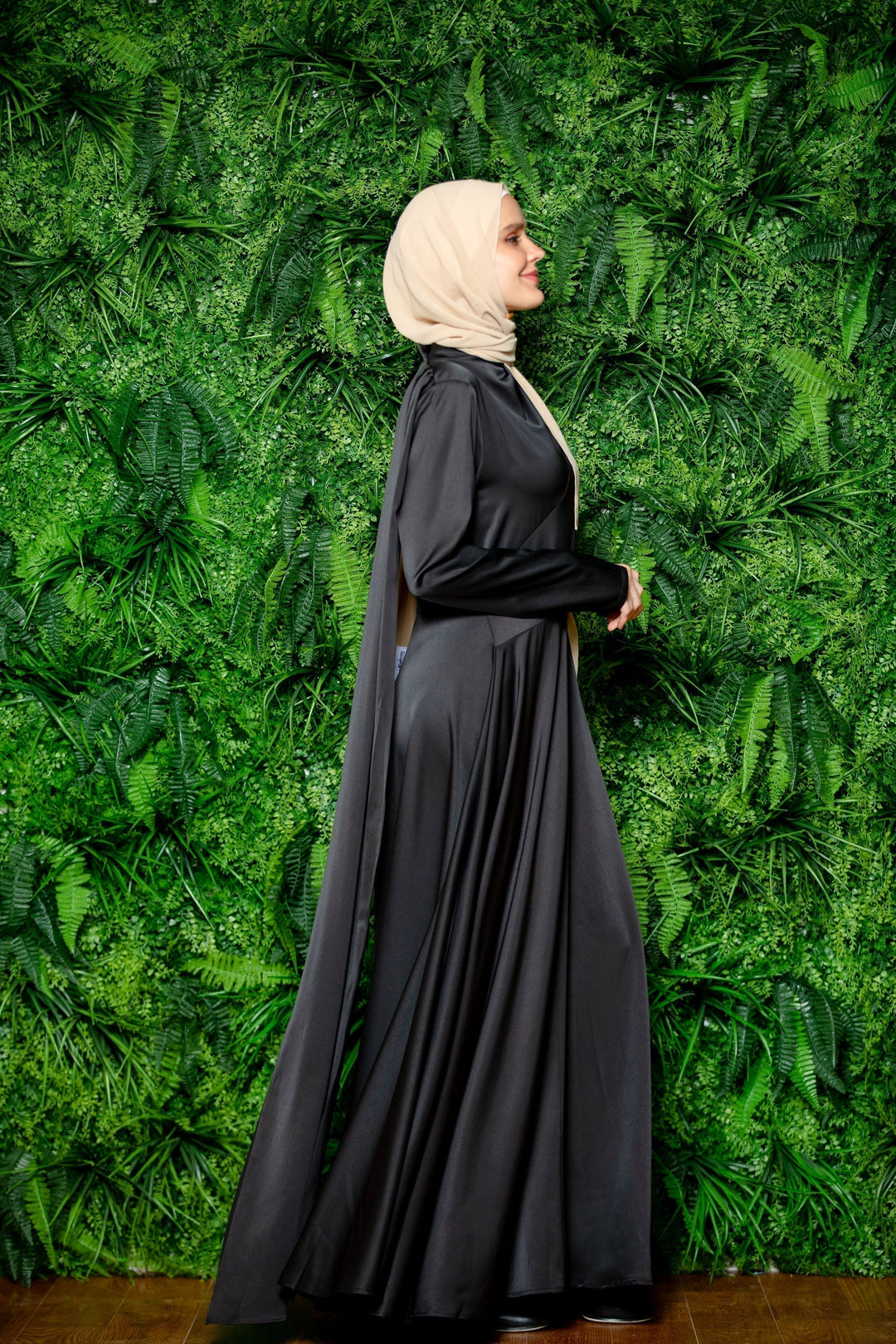 Elegant Black Satin Shoulder Cape Long Sleeve Gown with Hijab on CLEARANCE