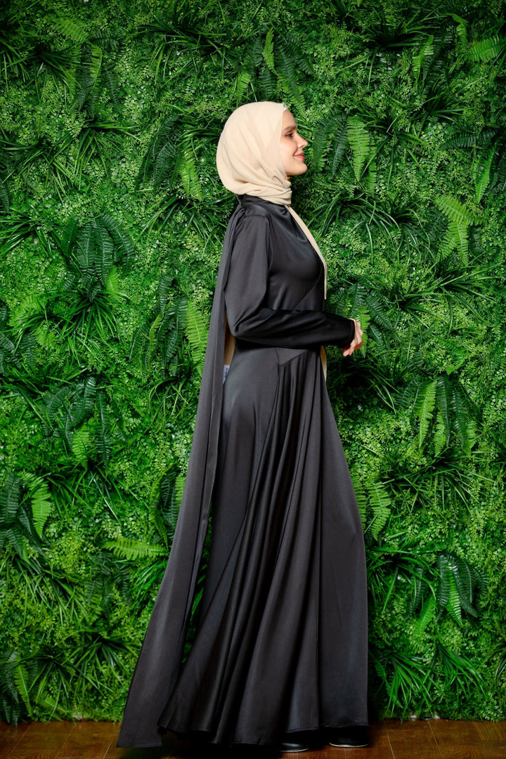 Elegant Black Satin Shoulder Cape Long Sleeve Gown with Hijab on CLEARANCE