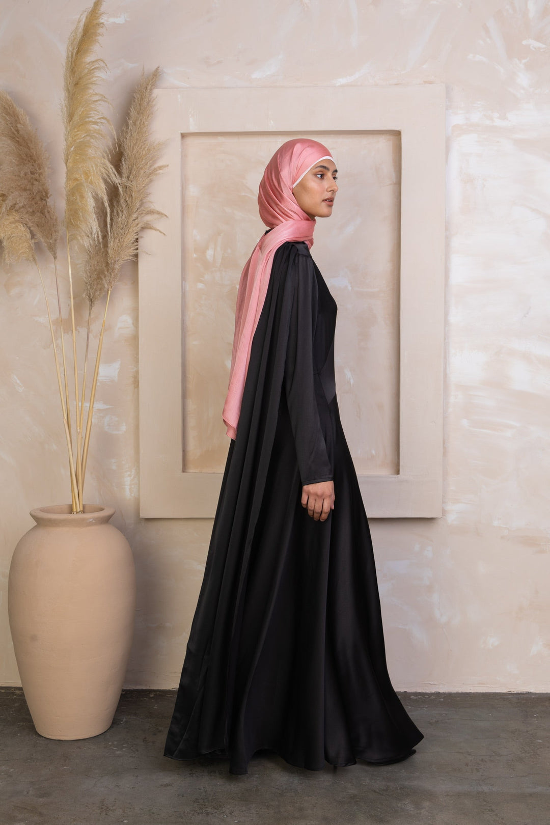 Black Satin Shoulder Cape Long Sleeve Gown with Pink Hijab for stylish modest fashion