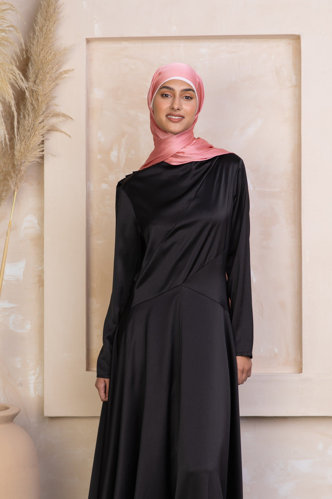 Elegant Black Satin Shoulder Cape Long Sleeve Gown with Pink Headscarf on Clearance