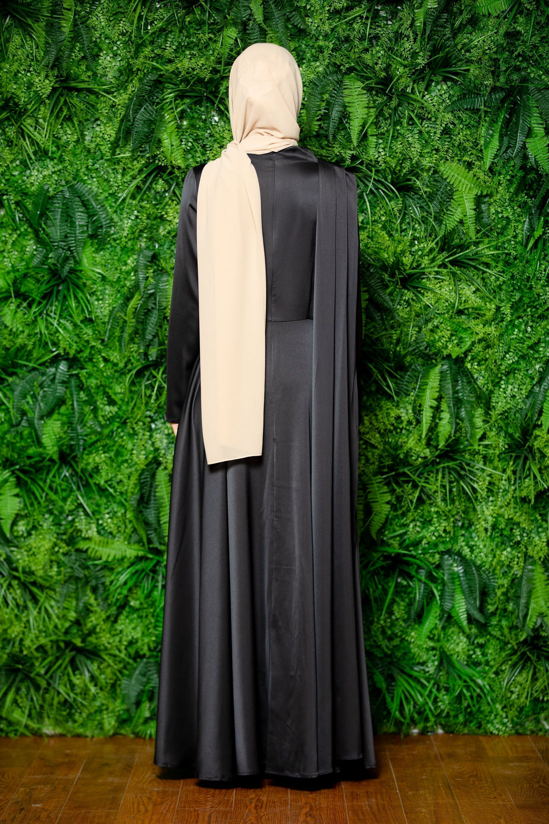 Elegant Black Satin Shoulder Cape Long Sleeve Gown with Beige Hijab on clearance