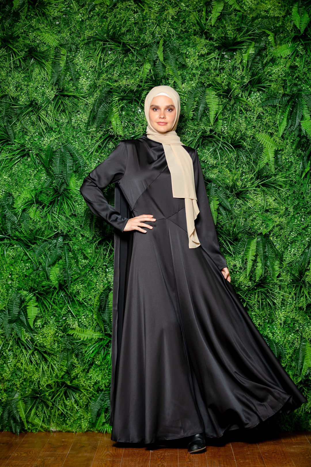 Elegant black satin shoulder cape long sleeve gown with hijab for modest fashion