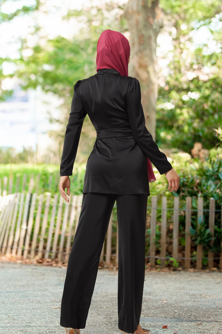 Black Satin Side Wrap Tunic & Pant Set with maroon hijab for modest swimwear