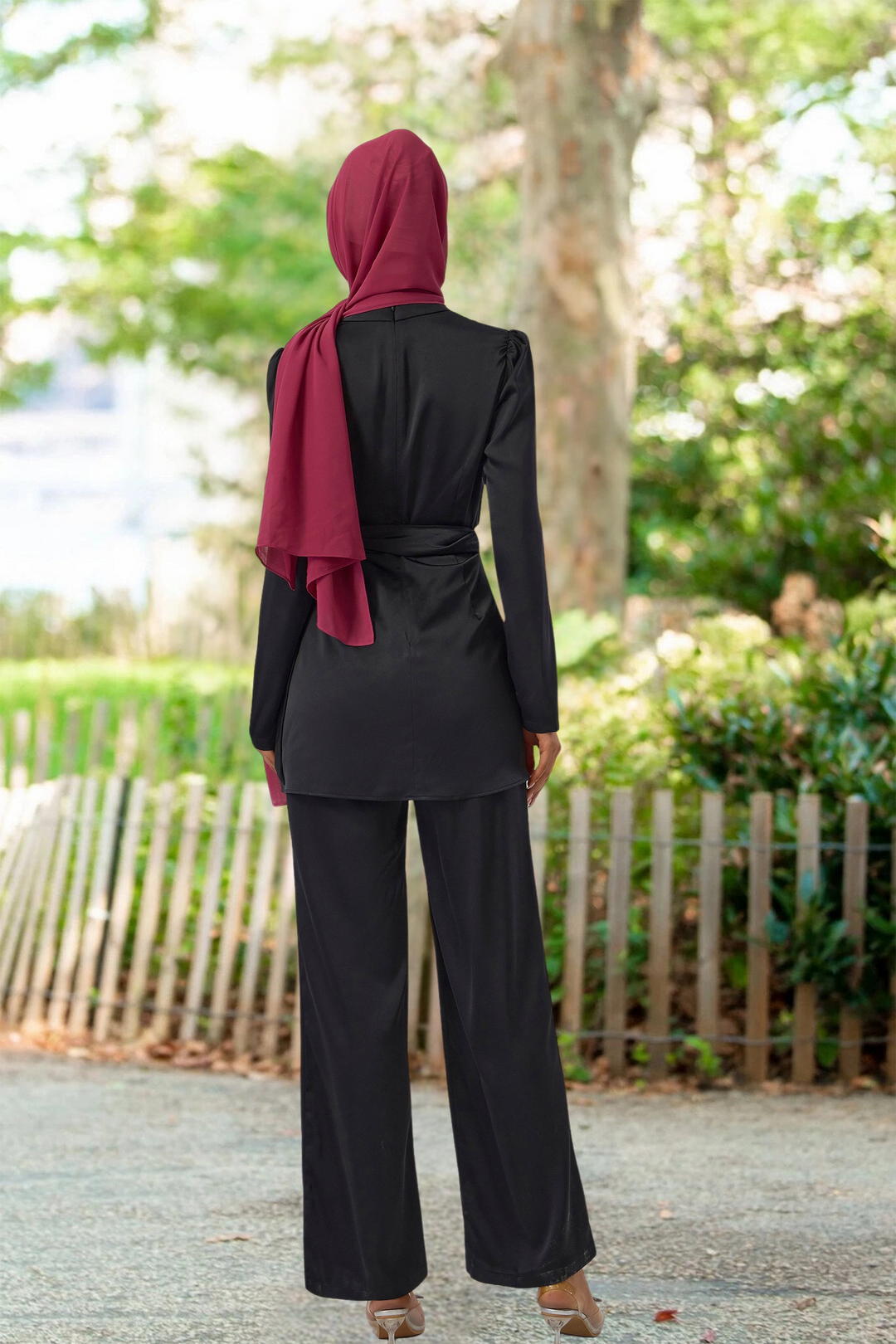 Black Satin Side Wrap Tunic and Pant Set with Maroon Hijab for elegant modest wear