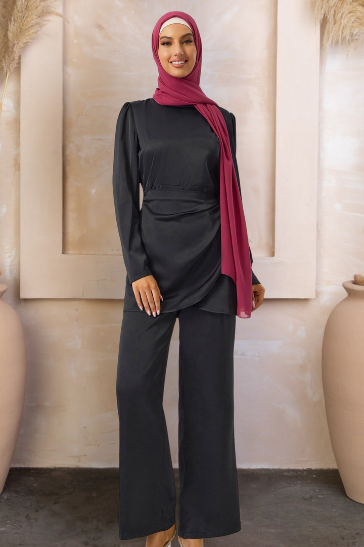 Black Satin Side Wrap Tunic and Pant Set with Magenta Hijab for stylish modest wear