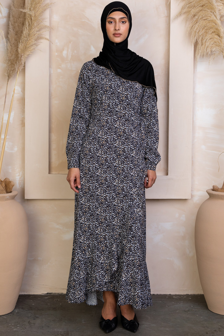 Long-sleeved patterned wrap dress maxi with hijab in Black and Yellow Ruffle Wrap Dress