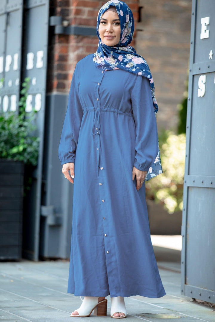 Blue Button Down Drawstring Non-Sheer Maxi Cardigan with Floral Hijab for stylish looks