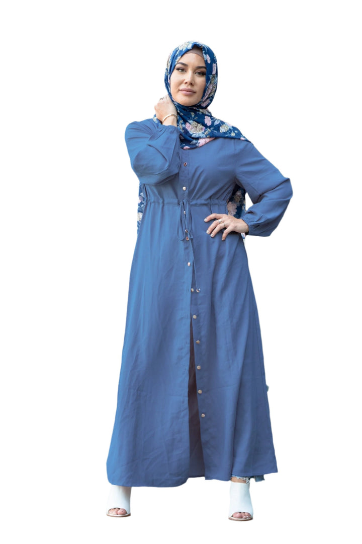 Blue button maxi cardigan with buttons past and floral hijab for stylish comfort