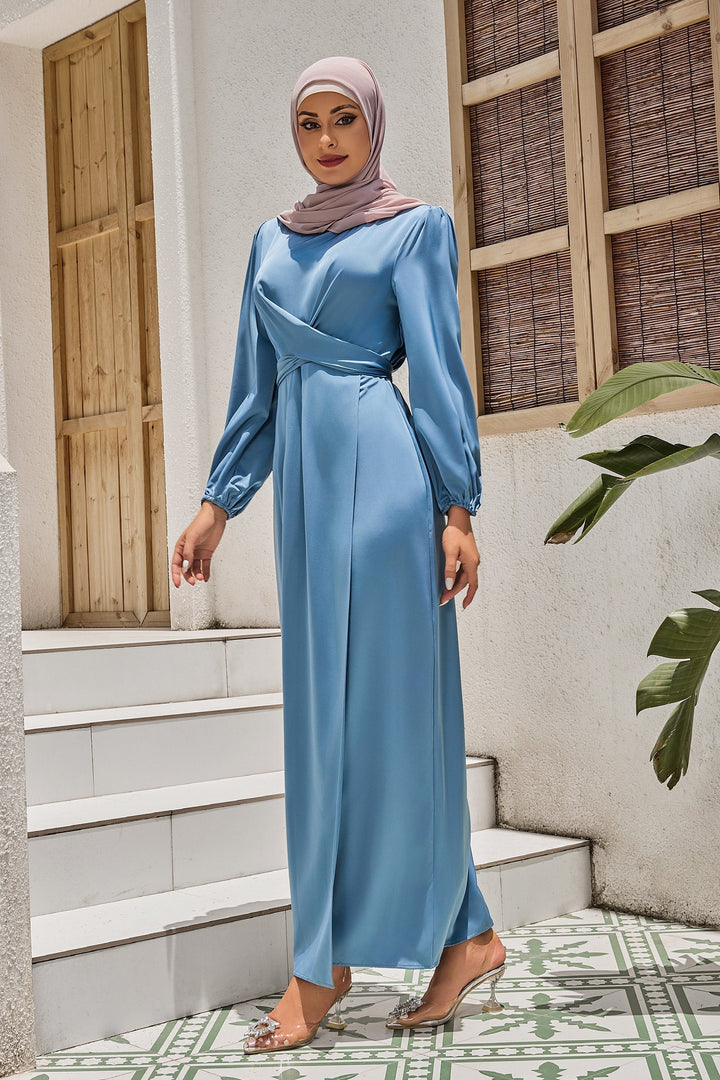 Blue long-sleeved criss cross satin faux wrap maxi dress on clearance sale