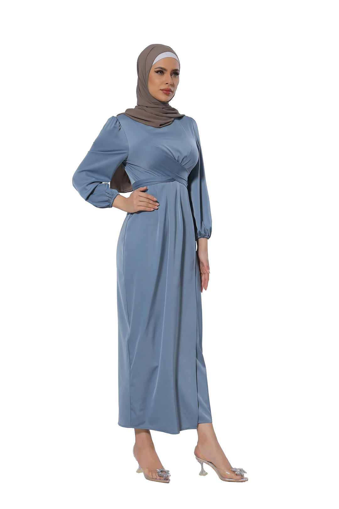 Blue Criss Cross Satin Faux Wrap Maxi Dress with Hijab for stylish modest wear