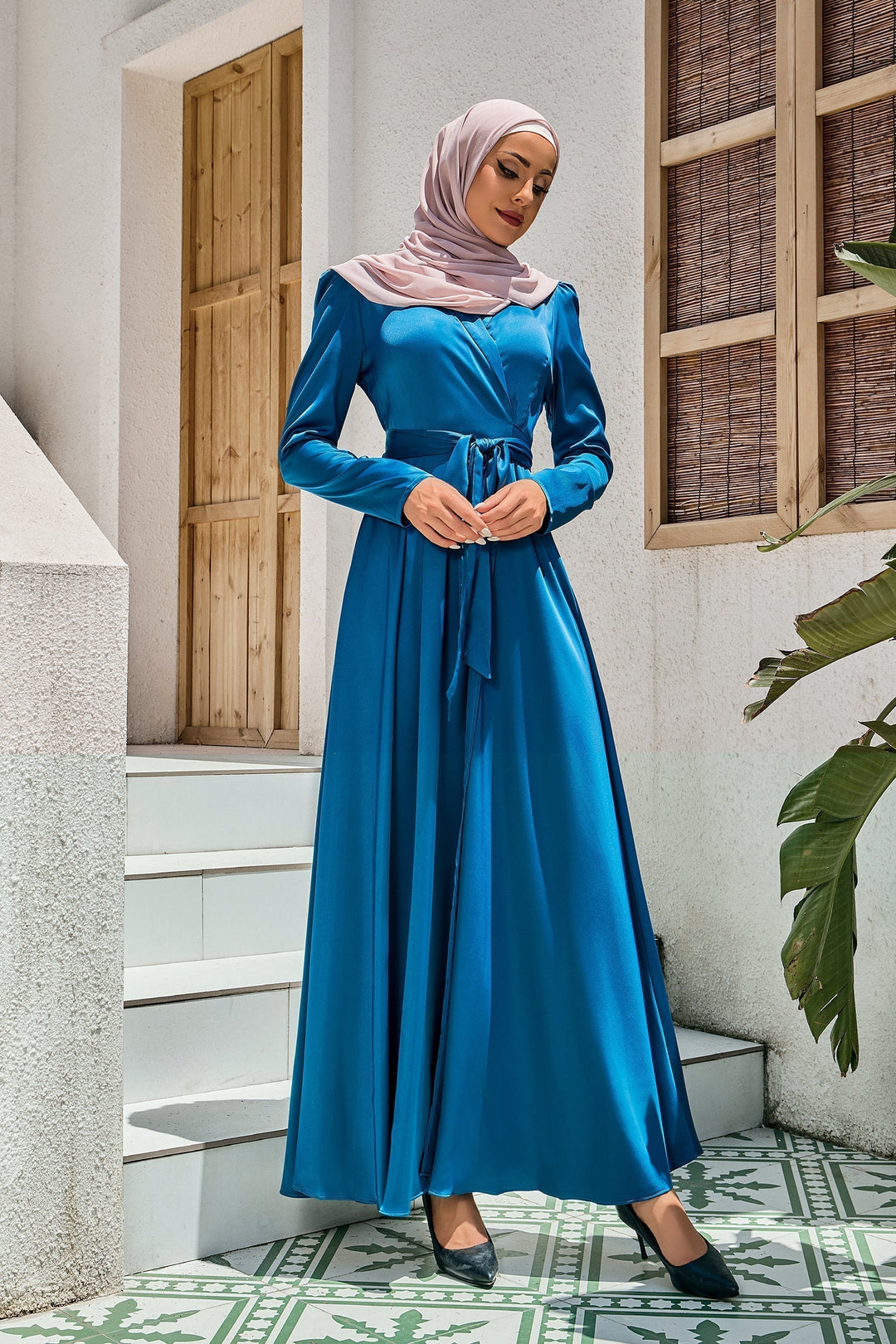 Elegant teal tie maxi dress with hijab and blue criss cross side tie details