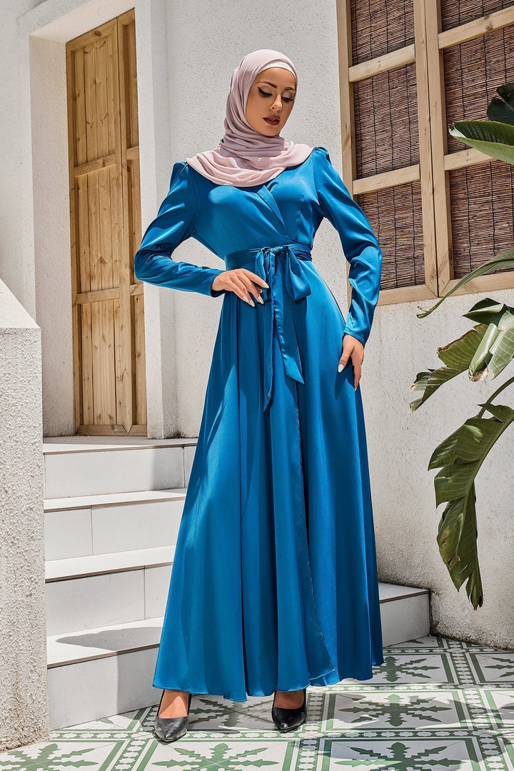 Elegant blue criss cross tie maxi dress with matching hijab on clearance