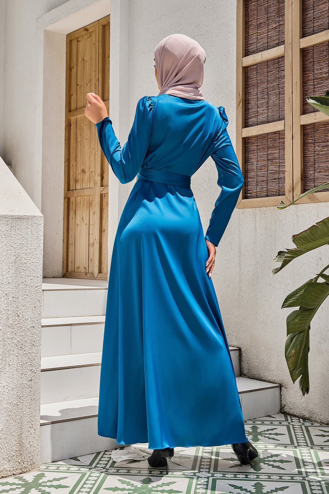 Blue long-sleeved modest Blue Criss Cross Side Tie Maxi Dress on clearance sale