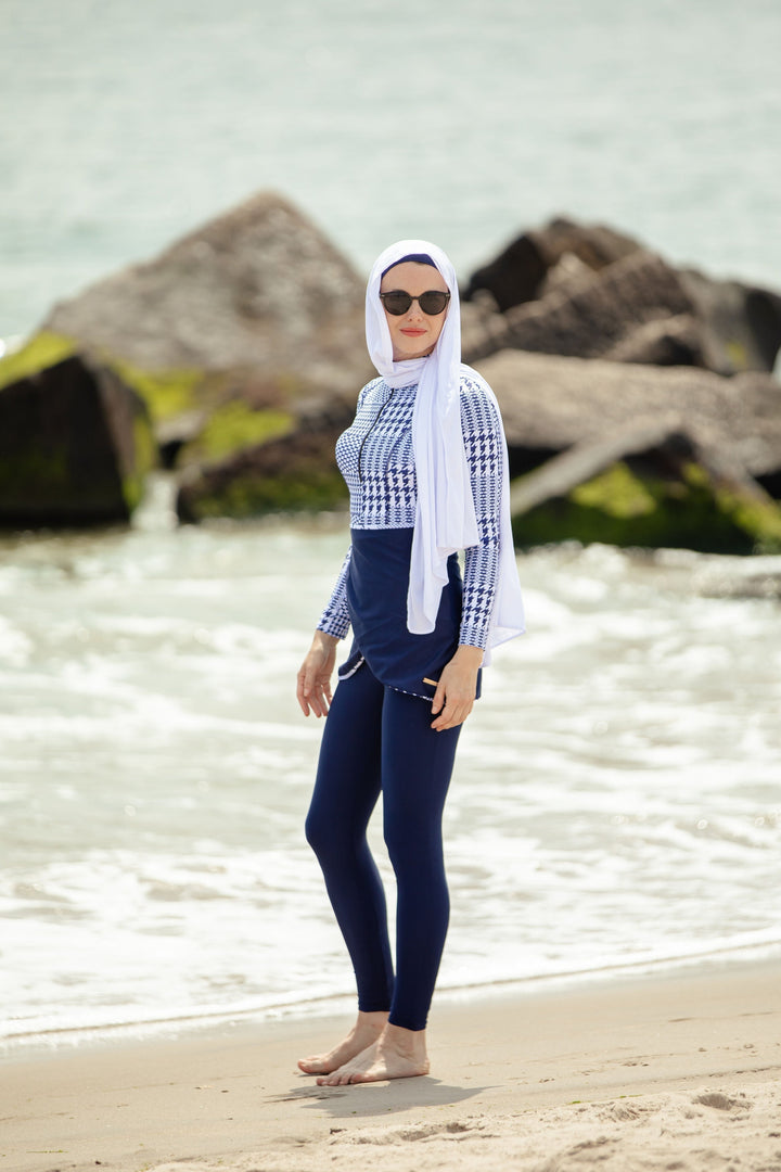 Blue Houndstooth Print 3 Piece Modest Swimsuit featuring stylish hijab for women