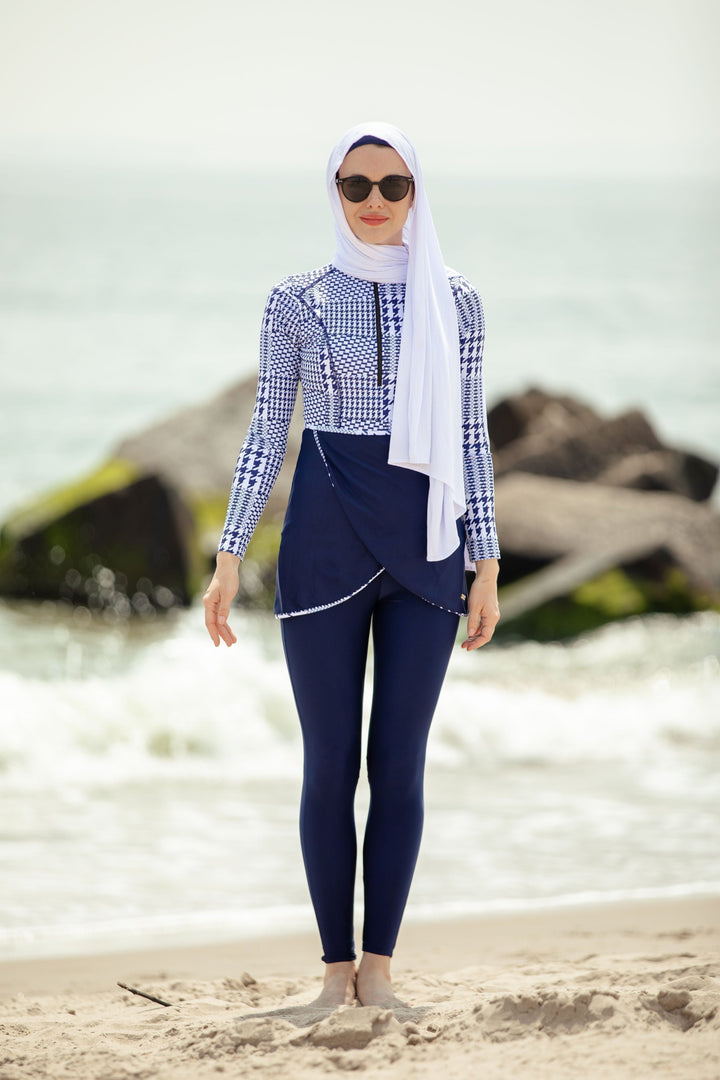 Blue Houndstooth Print 3 Piece Modest Swimsuit with hijab for stylish beachwear